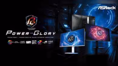Visuel promotionnel ASRock Phantom Gaming PGO27QSA, deux moniteurs QD-OLED 27 pouces avec logo Power Glory