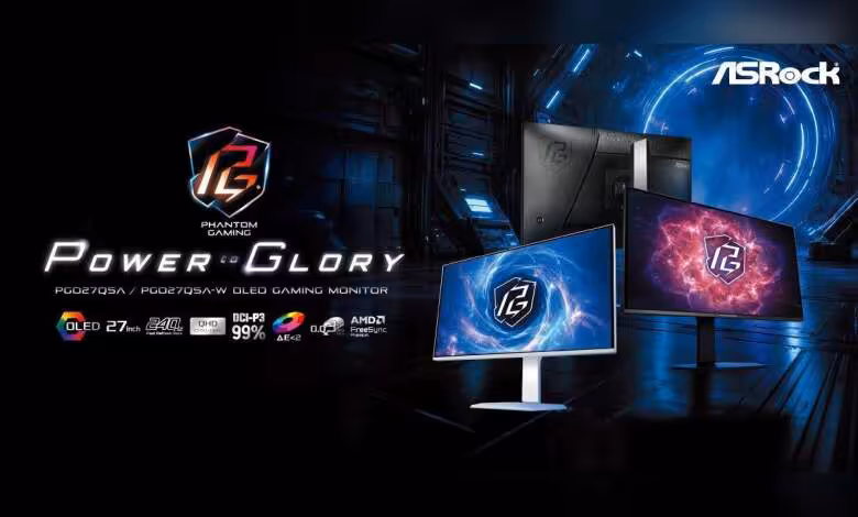 ASRock PGO27QSA : deux moniteurs QD-OLED 27 pouces QHD 240 Hz en noir et blanc 1 Visuel promotionnel ASRock Phantom Gaming PGO27QSA, deux moniteurs QD-OLED 27 pouces avec logo Power Glory