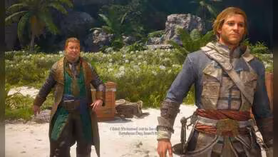 Scène d’Assassin’s Creed Black Flag Resynced avec deux personnages en tenue d’assassin sur une plage tropicale