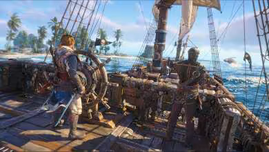Assassin’s Creed Black Flag en mer sur un navire pirate, vue gameplay colorée avec le capitaine à la barre.