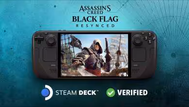 Steam Deck affichant Assassin’s Creed Black Flag Resynced avec badge Steam Verified sur fond bleu turquoise
