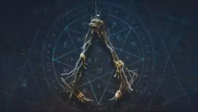 Symbole Assassin’s Creed Hexe en forme de losange, cordes nouées sur fond sombre mystique et runes occultes