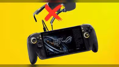 Manette ASUS ROG Ally X20 avec casque VR barré sur fond jaune vif très contrasté