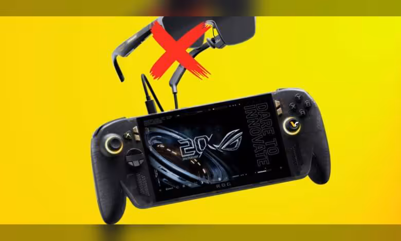 Ally X20 OLED : ASUS confirme une version seule, sans lunettes AR imposées au lancement 1 Manette ASUS ROG Ally X20 avec casque VR barré sur fond jaune vif très contrasté