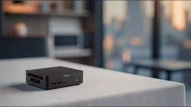 ASUS NUC 16 Pro sur table éclairage naturel fond flou moderne