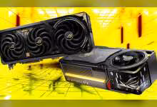 Deux cartes graphiques ASUS RTX 5090 sur fond jaune lumineux, éclairage professionnel, fort contraste