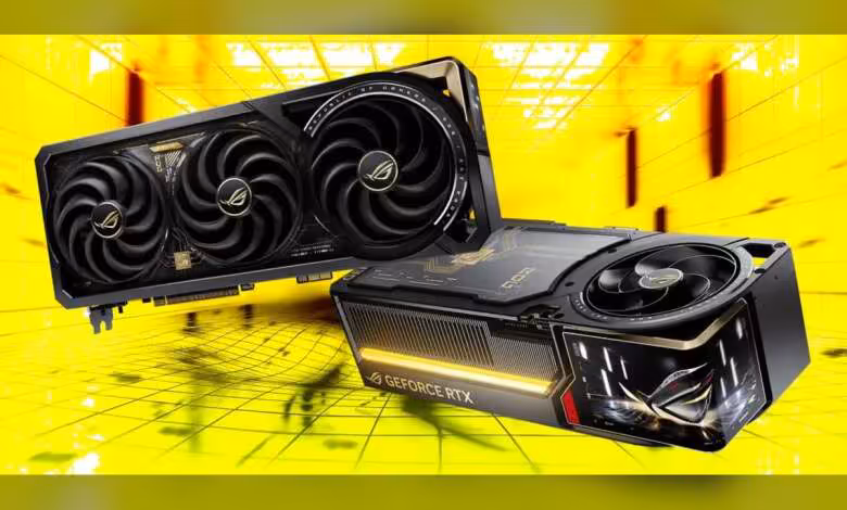 RTX 5090 ASUS : la ROG Astral Edition 20 imposée dans un bundle à 10 349,96 $ 1 Deux cartes graphiques ASUS RTX 5090 sur fond jaune lumineux, éclairage professionnel, fort contraste