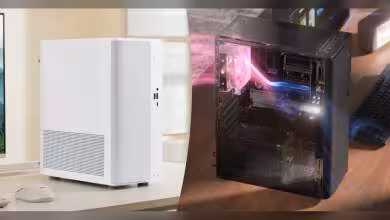 ASUS V500 Mini blanc et translucide, effets lumineux internes, fond contrasté