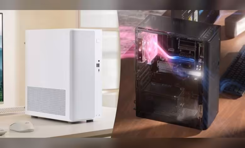 ASUS V500 Mini Tower : Ryzen 200 mobiles dès 599 € et option GeForce RTX 5060 1 ASUS V500 Mini blanc et translucide, effets lumineux internes, fond contrasté