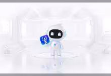 Mascotte ASUS Zenni Claw blanche en environnement futuriste lumineux avec logo bleu sur une main