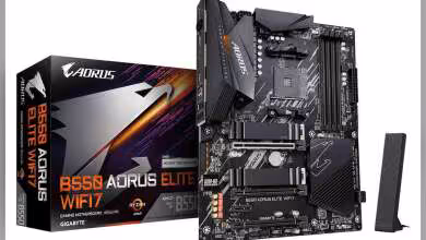 Boîte et carte mère GIGABYTE B550 AORUS Elite WiFi7 avec antenne Wi‑Fi fournie