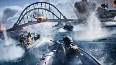 Scène de Battlefield 6 avec vedettes militaires sur rivière, explosions, pont arqué et soldats en action