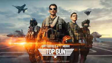 Visuel promotionnel Battlefield 6 Top Gun avec pilotes, jets de chasse et logo officiel du crossover.