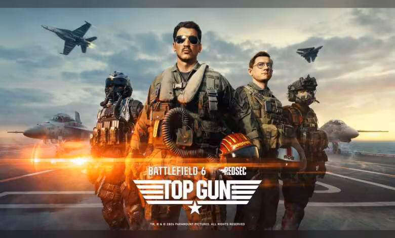 Battlefield 6 : la saison 4 mise sur Top Gun, le combat naval et Wake Island 1 Visuel promotionnel Battlefield 6 Top Gun avec pilotes, jets de chasse et logo officiel du crossover.