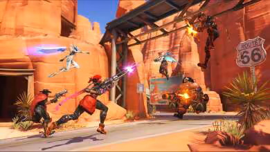 Scène de combat stylisée dans Overwatch, avec plusieurs héros et un panneau Route 66.