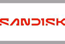 Logo rouge SanDisk sur fond blanc, illustrant la marque de mémoire flash NAND BiCS10