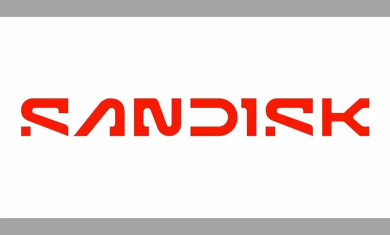BiCS10 : Sandisk lance l’échantillonnage de sa NAND 3D TLC 1 Tb à 332 couches 1 Logo rouge SanDisk sur fond blanc, illustrant la marque de mémoire flash NAND BiCS10