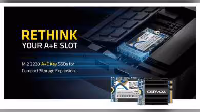 Visuel promotionnel Cervoz T445/T455 M.2 2230 A+E Key SSDs pour extension de stockage compact.