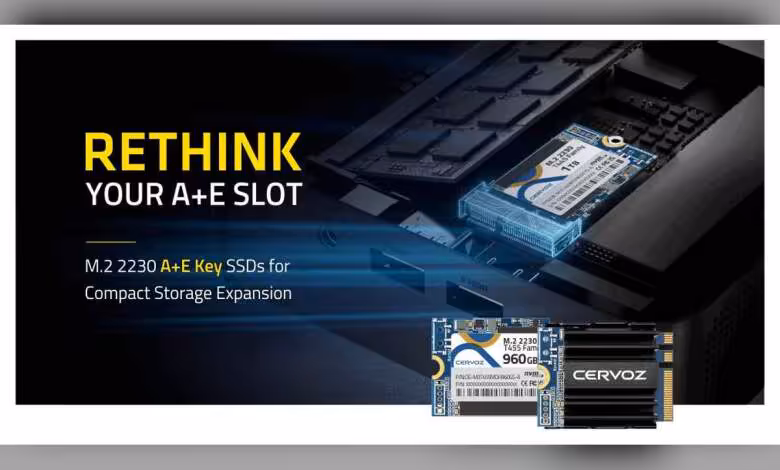 Cervoz T445 et T455 : des SSD NVMe M.2 2230 A+E Key pour l’industriel compact 1 Visuel promotionnel Cervoz T445/T455 M.2 2230 A+E Key SSDs pour extension de stockage compact.