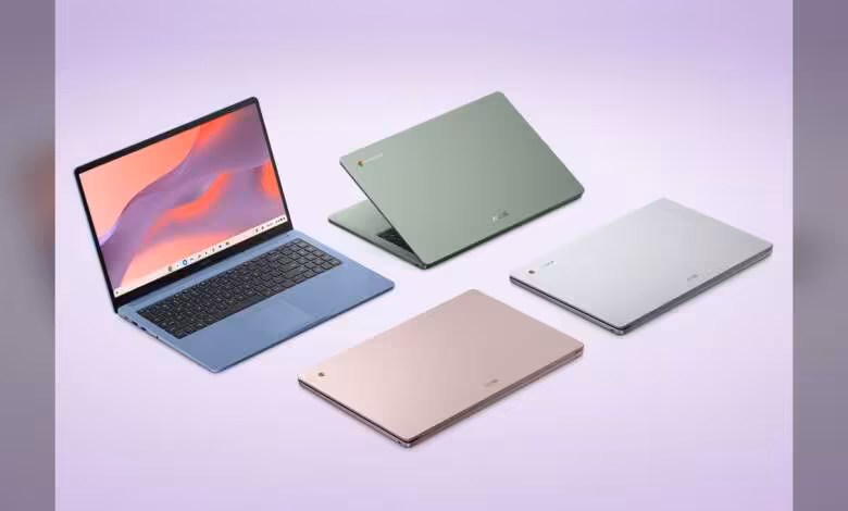 Chromebook ASUS : CM15 à 269,99 $ et CM32 Detachable 120 Hz désormais aux États-Unis 1 Plusieurs Chromebooks ASUS affichés en vue produit, couleurs différentes sur fond violet.