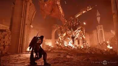 Scène de Crimson Desert montrant un personnage face à un immense boss de feu dans une cathédrale en ruines