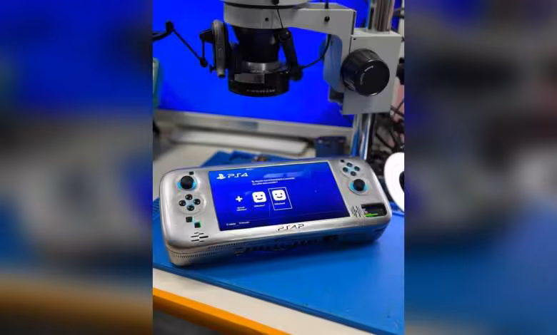 PS4 portable V2 : une version 1,3 kg avec écran OLED 1080p et refroidissement GTX 750 1 Console portable personnalisée PS4 Slim version 2 avec écran intégré et manettes latérales.