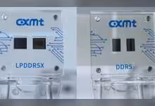 Deux puces mémoire CXMT LPDDR5X et DDR5, boîtiers métalliques transparents avec circuits imprimés visibles, face avant gravée