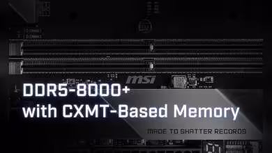 Visuel MSI avec slogan DDR5-8000+ with CXMT-Based Memory sur carte mère Intel riser lumineux