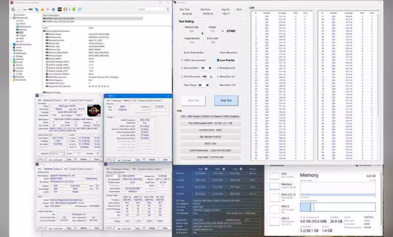 DDR5 Gigabyte : toute la gamme compatible CXMT sur AM5 jusqu’à 8200 MT/s 1 Capture d’écran de logiciels de diagnostic mémoire DDR5 sur PC Gigabyte, avec profils, timings et tests stabilité