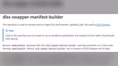 Capture d'écran du dépôt dlss-swapper-manifest-builder avec instructions pour Visual Studio 2022.