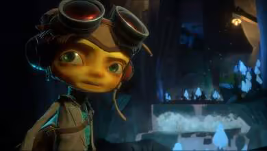 Personnage stylisé de jeu vidéo avec lunettes d’aviateur, devant un décor de laboratoire futuriste