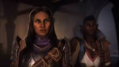 Deux personnages de Dragon Age The Veilguard en armure, scène sombre cinématique de fantasy avec éclairage tamisé