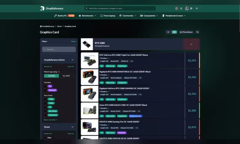 Page DropReference avec liste de cartes graphiques RTX 5080 et prix comparatifs