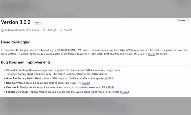 DXVK 3.0.2 corrige Overwatch, Halo et Splinter Cell avec un nouveau mode debug 1 Capture de notes de mise à jour version 3.0.2 DXVK mentionnant corrections pour Overwatch et Halo.