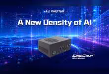 Mini-PC Biostar EdgeComp MS-NAT4000 sur fond IA bleu, avec logo Biostar et slogan A New Density of AI