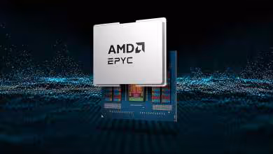 Puce AMD EPYC sur fond technologique bleu, visuel produit du processeur serveur