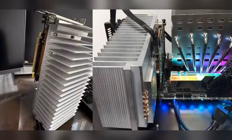 RTX 4060 fanless : un mod passif de 2,5 kg pousse le refroidissement à l'extrême 1 Radiateur massif RTX 4060 avec ailettes aluminium, éclairage professionnel, fond neutre