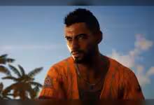 Personnage masculin de Far Cry en chemise orange rayée, gros plan réaliste avec ciel tropical en arrière-plan
