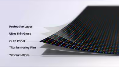 Schéma Samsung Flex Titanium montrant couches OLED, verre ultra-fin, film et plaque en titane visible