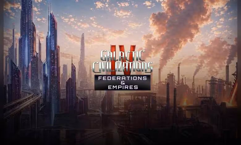 Logo Galactic Civilizations IV: Federations and Empires sur fond de cité futuriste