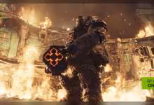 Soldat de Gears of War avec arme énergétique, scène d’explosion, badge RTX On