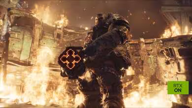 Soldat de Gears of War avec arme énergétique, scène d’explosion, badge RTX On