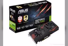 Packaging ASUS GeForce GTX 1060 avec couleurs vives et carte montrée sur fond noir.