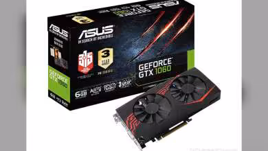 Packaging ASUS GeForce GTX 1060 avec couleurs vives et carte montrée sur fond noir.