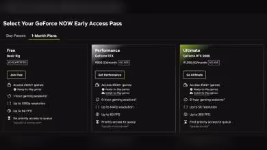 Interface GeForce NOW affichant les formules Free, Performance et Ultimate avec prix, avantages et boutons d’accès anticipé