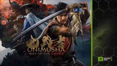 Onimusha: Way of the Sword artwork avec samouraï au katana et logo GeForce NOW en bas à droite