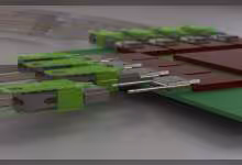 Illustration 3D de wafers et puces semi-conductrices GlobalFoundries, assemblage de circuits intégrés verts et rouges
