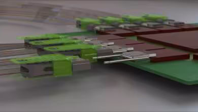 Illustration 3D de wafers et puces semi-conductrices GlobalFoundries, assemblage de circuits intégrés verts et rouges