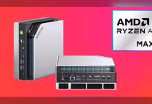 Mini PC GMKtec EVO-X2 argenté éclairage professionnel fond rouge vif