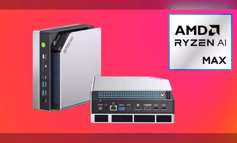 EVO-X2 : GMKtec lance une version 128 Go / 1 To à 3 499 dollars avec Ryzen AI Max+ 1 Mini PC GMKtec EVO-X2 argenté éclairage professionnel fond rouge vif